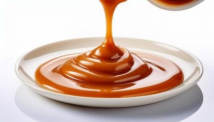 Pouring caramel sauce isolated on white background.