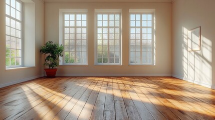 Obraz premium Empty bright room with wooden floor, minimalist interior with plant and sunlight from the large window.