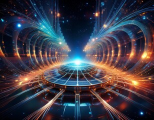 Obraz premium quantum computer core visualized as a cosmic web of entangled particles data streams flow through crystalline structures forming a galactic network of information
