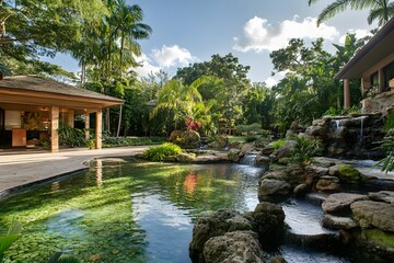Tropical Paradise Estate: Tranquil waters reflecting lush greenery, cascading waterfalls, and a luxurious estate nestled in a tropical oasis.