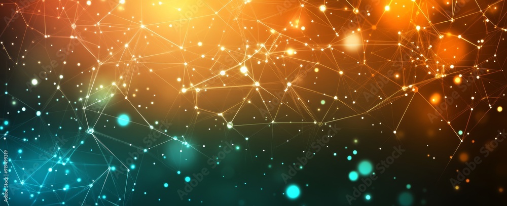 Poster abstract blue technology background with a grid of cyber networks and connected particles. digital b