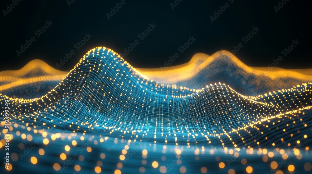 Poster background with a blue green digital network grid with connected particles. artificial neurons, glob