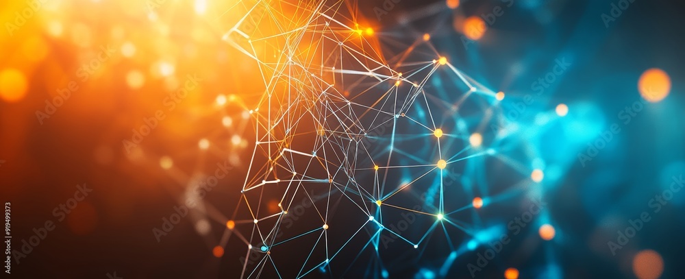 Poster blue technology background with cyber network grid and connected particles. artificial neurons and g