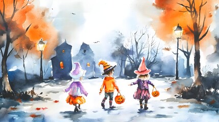 Whimsical Watercolor of Costumed Children Trick-or-Treating for Halloween