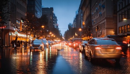 rainslicked city streets reflect a sea of headlights cars densely packed in evening traffic moody atmosphere with blurred lights and glistening wet surfaces