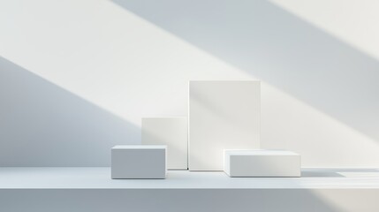 White geometric shapes arranged on a minimalist table illuminated by sunlight in a modern indoor space