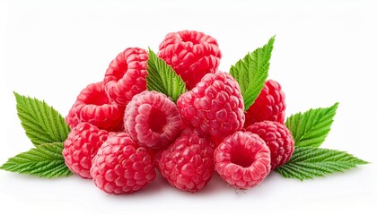 Raspberry isolated. Fresh raspberries with mint leaves on white background. Heap of rasbrries close up