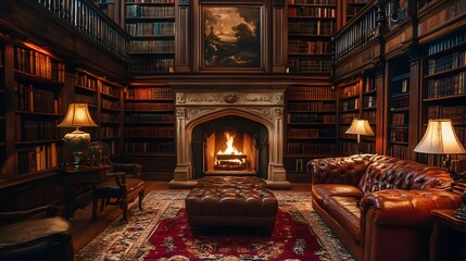 Literary Sanctuary: A grand fireplace flickers amidst towering bookshelves and plush leather furnishings, inviting quiet contemplation in this opulent library. 
