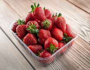Red berry strawberries in a plastic box on wooden background close up.