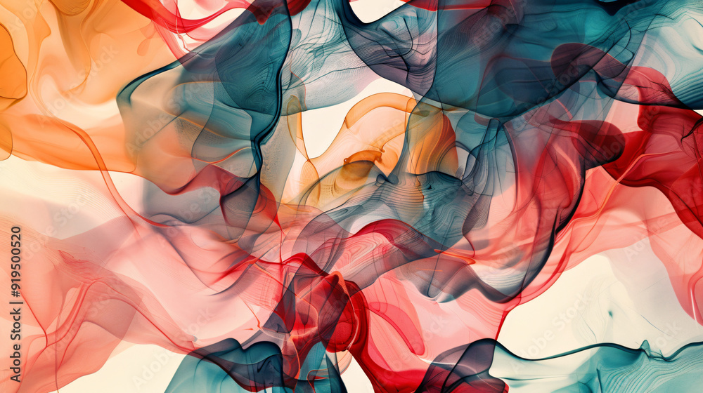Poster vibrant wavy shapes blending in an abstract background, evoking a feeling of fluidity and movement