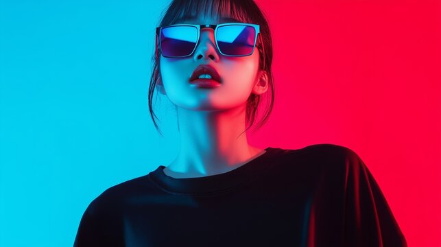 Young woman wearing oversized sunglasses poses against vibrant blue and red backgrounds during a creative photo shoot