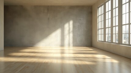 Empty bright room with wooden floor, minimalist interior with plant and sunlight from the large window.