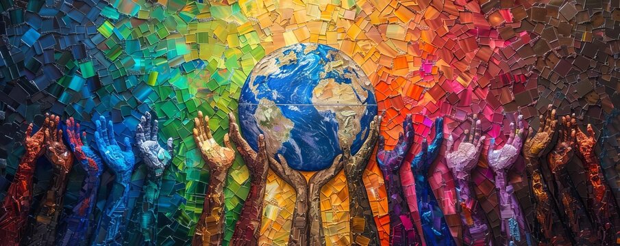 Vibrant mosaic artwork depicting diverse hands lifting the Earth with a colorful background, symbolizing global unity and harmony.