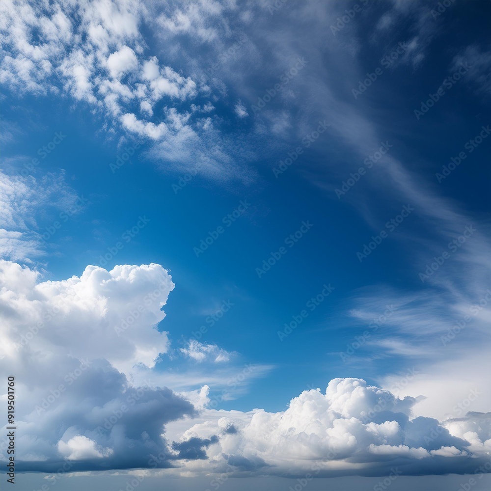 Wall mural serene azure sky dotted with fluffy cumulus clouds sunlight filtering through creating soft shadows 