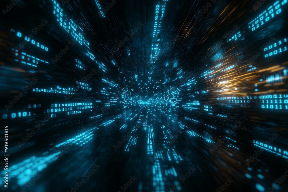 Poster a blue digital binary data background is seen on a computer screen