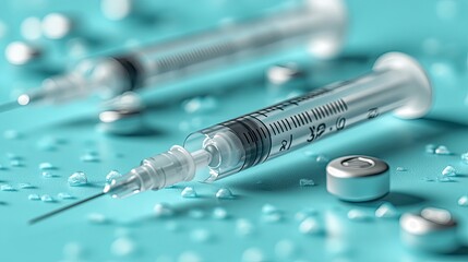 Sterile syringes and needles on a blue surface