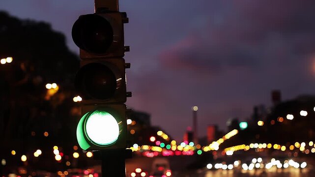 Traffic Lights on Avenida 9 de Julio, Buenos Aires, Turning from Green to Red at Dusk - 4K Timelapse