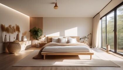 serene scandinavian bedroom with natural wood furniture neutral beige tones minimalist decor soft textiles large windows with diffused light