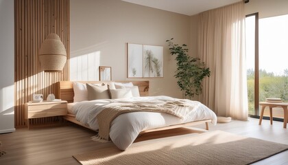 serene scandinavian bedroom with natural wood furniture neutral beige tones minimalist decor soft textiles large windows with diffused light