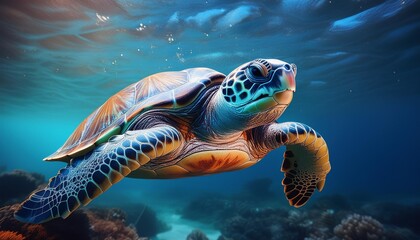 Fototapeta premium serene sea creature portrait majestic turtle swimming underwater blue hues soft lighting