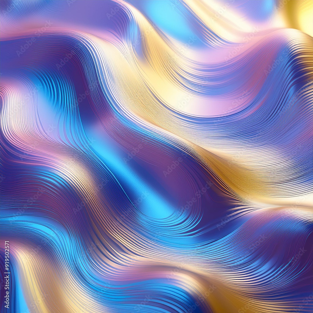Wall mural shimmering holographic background with undulating waves of pastel violet blue and yellow creating an