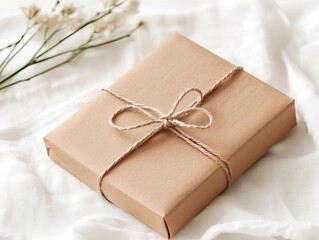 Beautifully wrapped gift box with twine, delicately placed on a white fabric background with dried flowers.