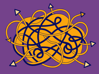 Messy scribble arrow lines. Chaotic doodle line ravel tangle, hand drawn confused messy knot. Difficult route, curved scrawl path chaos concept. Vector set
