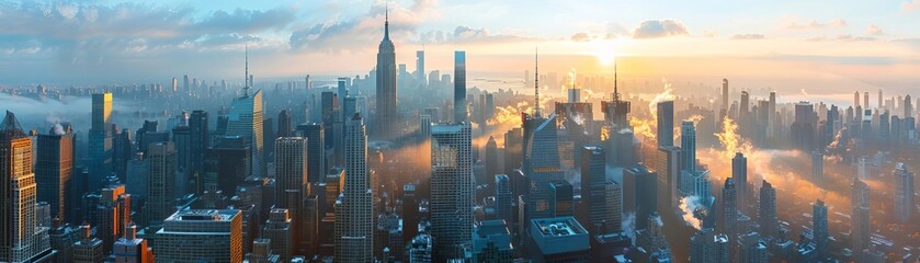 Stunning panoramic view of New York City skyline at sunset, showcasing iconic skyscrapers and beautiful cityscape bathed in golden light.