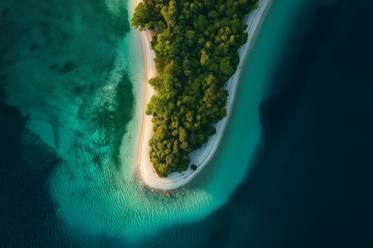 An aerial view captures a lush green island with pristine beaches surrounded by crystal clear turquoise water.