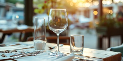 An elegant outdoor table setting features sparkling glassware and a warm sunset, perfect for an al fresco dining experience.