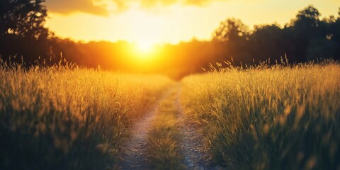 A path winds through a golden field, leading into a gorgeous sunrise painting the sky with vibrant colors.
