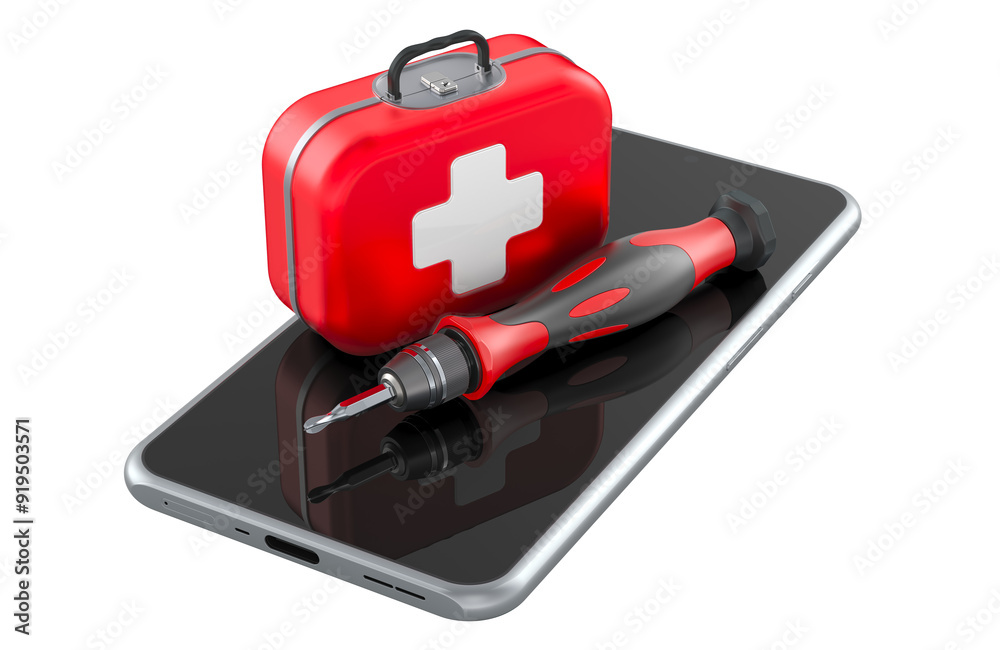 Wall mural smartphone with first aid kit and precision screwdriver. cell phone repair service, concept. 3d rend