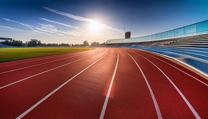 sleek modern running track with vibrant lane markings curving into the distance dramatic lighting casts long shadows creating a sense of anticipation and speed