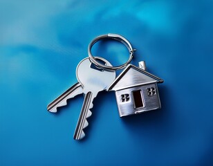sleek silver house key on minimalist blue keyring soft focus background with copy space modern real estate concept emphasizing security and new beginnings