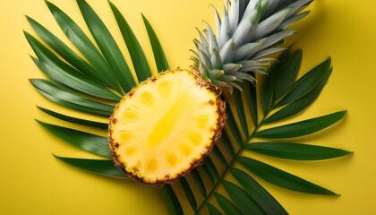 sliced tropical pineapple with lush green leaves on vibrant background creative food photography