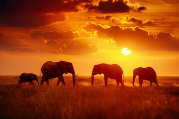 A family of elephants trekking across the savannah at sunset