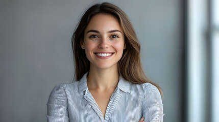 A closeup photo of a woman, age 30 wearing business attire, smiling and posing against a alight background