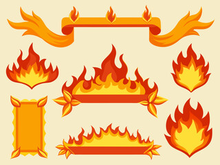Cartoon fire borders. Flame frame, blazing dividers, hot flaming banners. Wildfire campfire and ignite elements, fire trail and flammable border isolated vector set