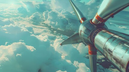 Fototapeta premium A low angle shot of a futuristic spaceship engine with a teal and white cloudy sky in the background.