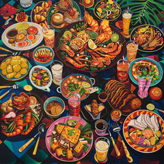 Fototapeta premium Artwork depicting gastronomic celebrations with diverse cuisines and flavors