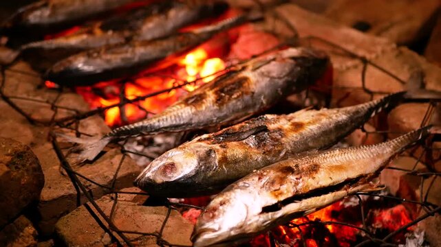 Selective focus of Grilling Cakalang fish or Skipjack tuna (Katsuwonus pelamis) on a cast iron grill. close up view