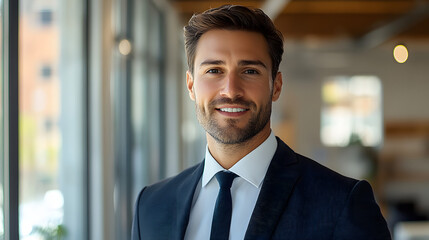 Man in his 30s wearing a business suit posing in the bright office with windows 