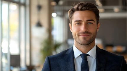 Man in his 30s wearing a business suit posing in the bright office with windows 
