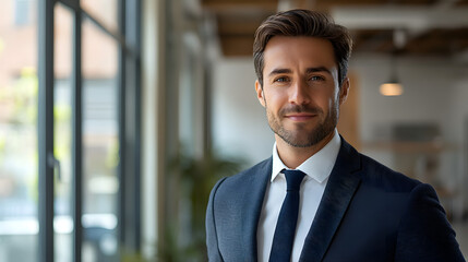 Caucasian man in his 30s wearing a business suit posing in the bright office with windows 