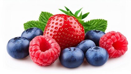 Sweet berries mix isolated on white background. Heap of Ripe raspberry, strawberry and blueberries, mint leaf. Macro, top view