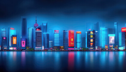 Obraz premium Stunning view of a vibrant city skyline at night, illuminated by colorful lights reflecting on the serene water surface.