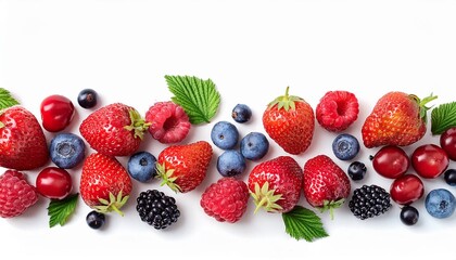 Obraz premium Various fresh forest berries isolated on white background, top view. Berry border frame. Flat lay.