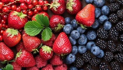 Various fresh summer berries Background. Panorama. Top view. Strawberry, Raspberry, Red currant,...