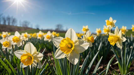 Fototapeta premium A serene field with yellow and white daffodils basking in natural sunlight in a lush green landscape.