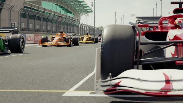 Camera pans along a generic formula one race car in pole position with focus shift to other race cars. Front view. 3D animation rendering